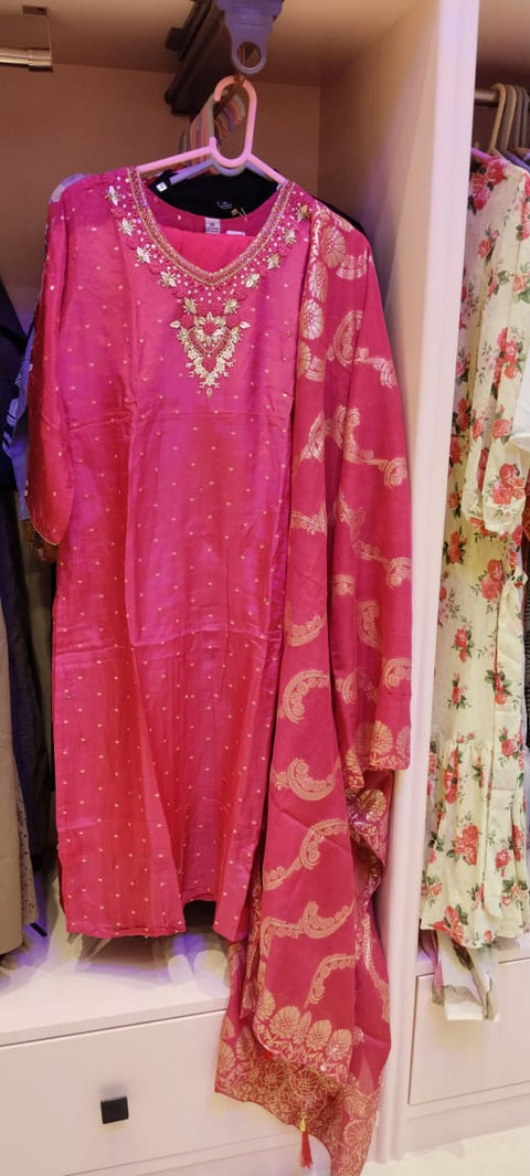 Rani Pink Festive Kurta with Pant and Dupatta Set with Hand-Work Neckline