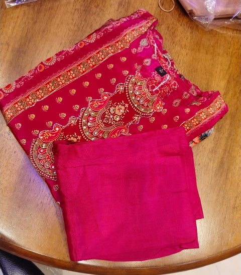 Rani Pink Ornate-Print Kurta with Scallop-Edged Dupatta (3-pc)