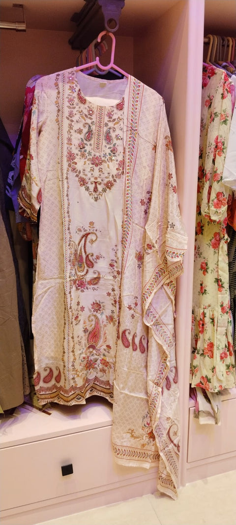 Cream Multicolor-Embroidered Kurta with Printed Dupatta & Pants (3-pc)