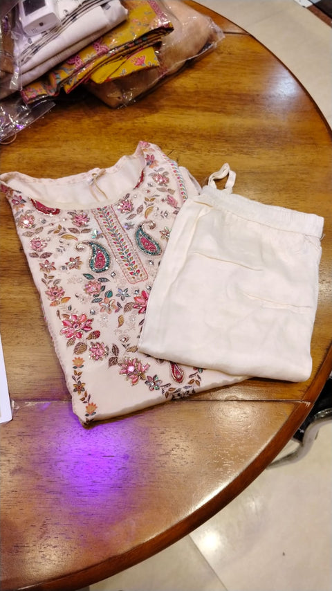 Cream Multicolor-Embroidered Kurta with Printed Dupatta & Pants (3-pc)