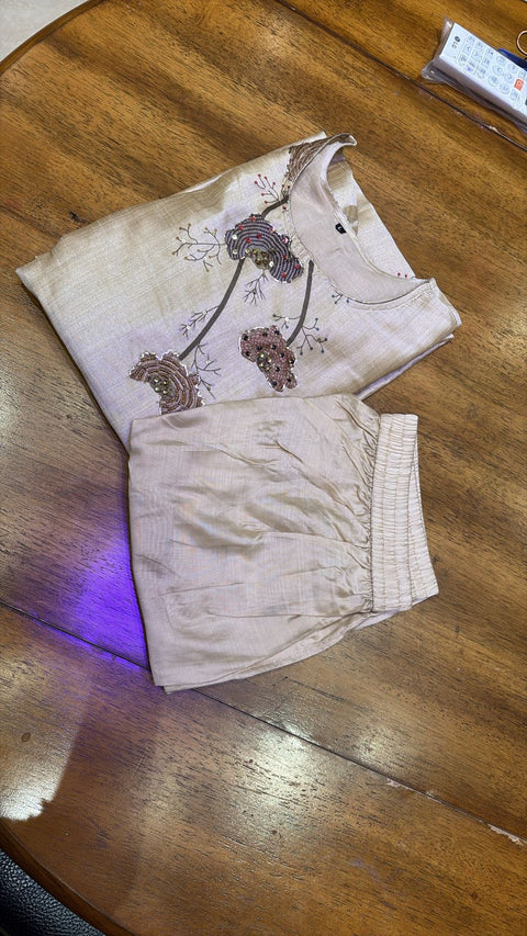 Cream Embroidered Kurta with Pant and dupatta Set with Beadwork