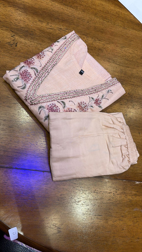 Pastel Peach Chanderi-Sheen Floral Handwork 3-Pc Suit Set (Kurta, Pants & Dupatta)