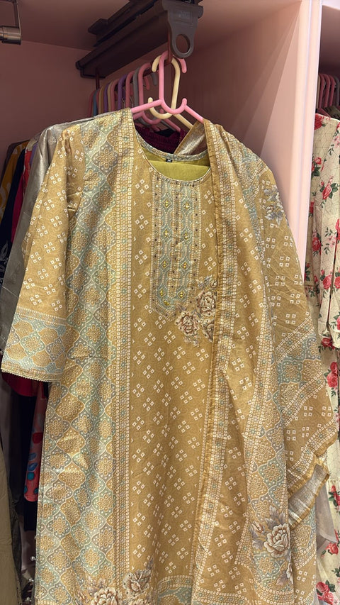 Mustard Geometric-Jaal Mirror-Work 3-Pc Suit Set (Kurta, Pants & Dupatta)