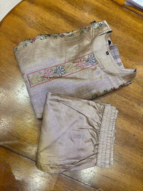 Antique Gold Multi-Floral Sequin 3-Pc Suit Set (Kurta, Pants & Tassel Dupatta)
