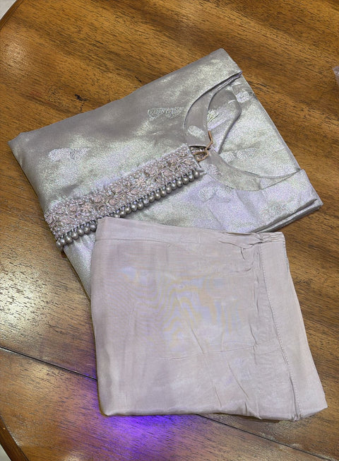 Platinum Silver Shimmer Pearl-Trim 3-Pc Suit Set (Kurta, Pants & Dupatta)