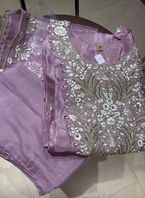 Dusty Mauve Zardozi-Pearl Handwork 3-Pc Suit Set (Kurta, Pants & Dupatta)