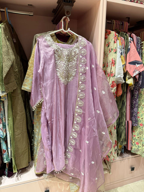 Dusty Mauve Zardozi-Pearl Handwork 3-Pc Suit Set (Kurta, Pants & Dupatta)