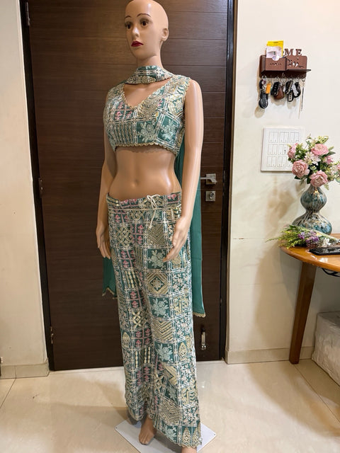Toral Teal Green Printed Crop Top with Wide-Leg Pants & Dupatta