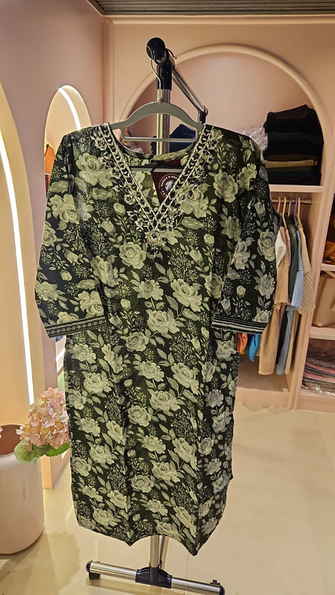 Dark Green Floral Printed Kurta with Embellished Neckline along with Pant and dupatta