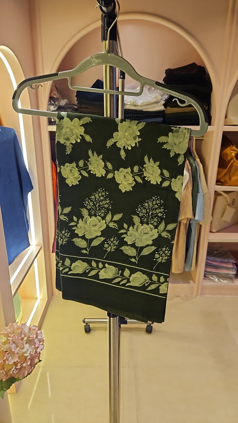 Dark Green Floral Printed Kurta with Embellished Neckline along with Pant and dupatta