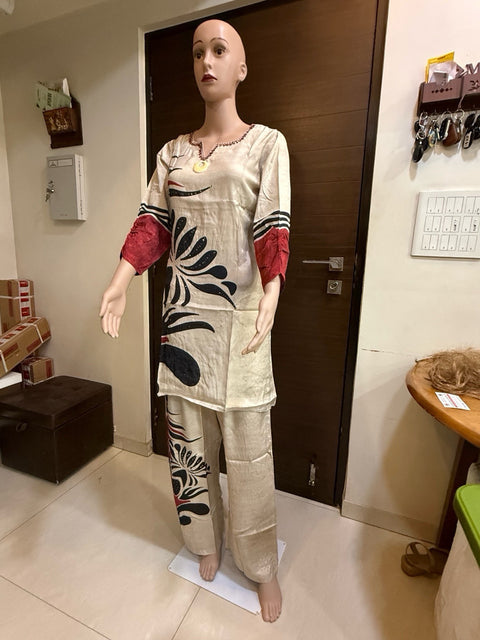 Puja Beige and Maroon Printed Kurti with Palazzo Cotton Blend