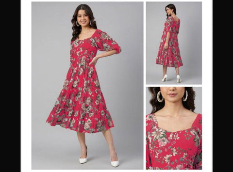 Jenesiya Lavender Floral Tiered Midi Dress with Puff Sleeves