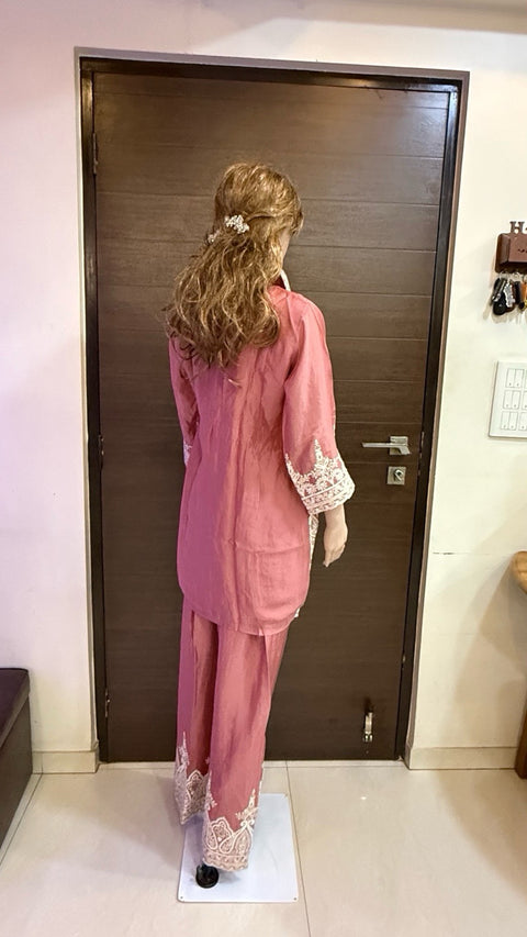 Puja Peach Pink Heavy Embroidered Coord Set