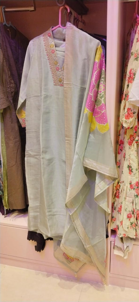 Pastel Mint Kurta with pant and Dupatta Set with V-Neck Gota Work