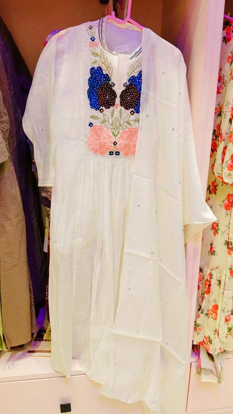 Ivory Yoke-Embroidered Anarkali Kurta with Dupatta & Pants (3-pc)