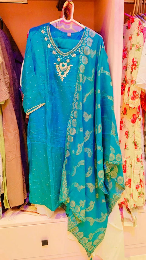 Teal Blue Zari-Embroidered Kurta with Woven Dupatta & Pants (3-pc)