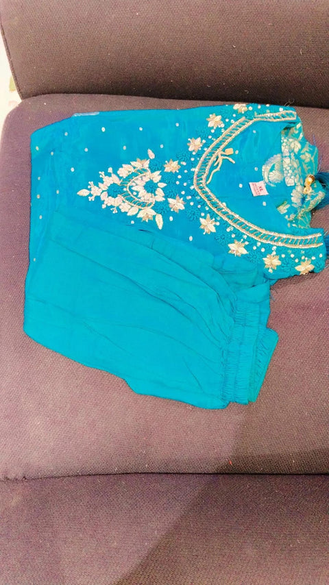Teal Blue Zari-Embroidered Kurta with Woven Dupatta & Pants (3-pc)