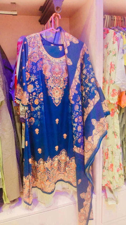 Navy Persian Motif Kaftan-Style Kurta Set with Elastic Pants & Dupatta (3-pc)