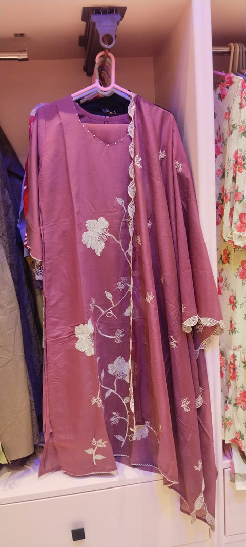 Dark Rose Kurta & Dupatta Set with White Threadwork