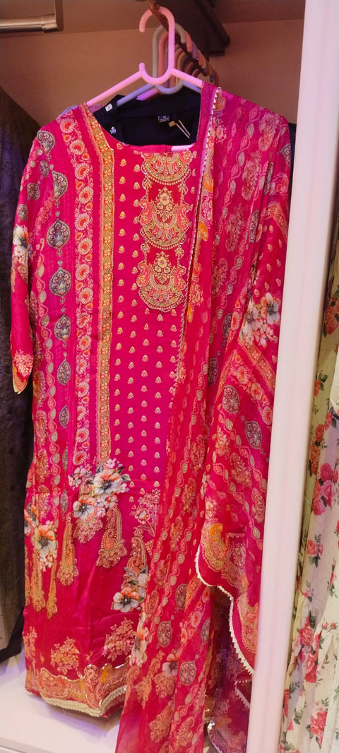 Rani Pink Ornate-Print Kurta with Scallop-Edged Dupatta (3-pc)