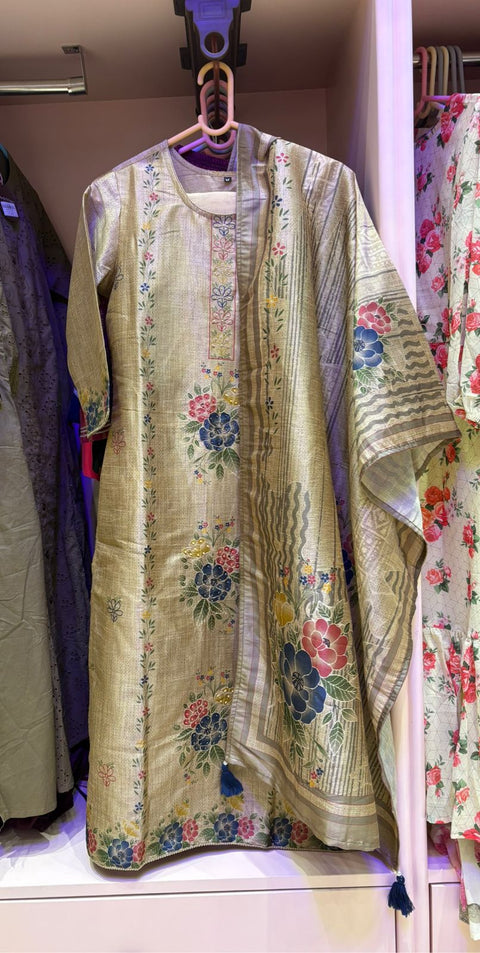 Antique Gold Multi-Floral Sequin 3-Pc Suit Set (Kurta, Pants & Tassel Dupatta)