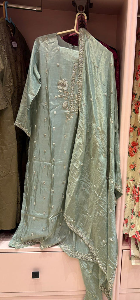 Sage Mint Shimmer Floral Hand-Embroidered 3-Pc Suit Set (Kurta, Pants & Dupatta)
