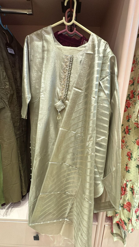 Platinum Silver Shimmer Pearl-Trim 3-Pc Suit Set (Kurta, Pants & Dupatta)
