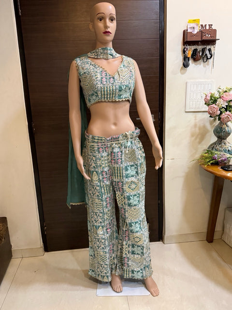 Toral Teal Green Printed Crop Top with Wide-Leg Pants &amp; Dupatta