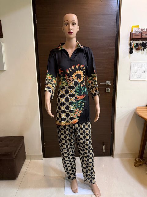 Puja Black Floral Print Shirt &  Pant Coord Set