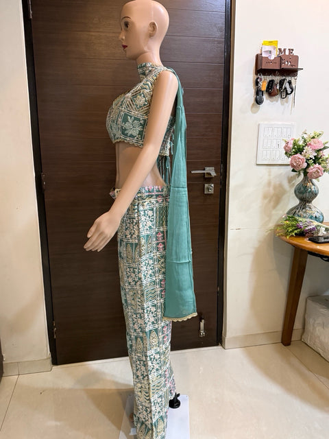 Toral Teal Green Printed Crop Top with Wide-Leg Pants &amp; Dupatta