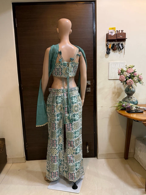 Toral Teal Green Printed Crop Top with Wide-Leg Pants &amp; Dupatta