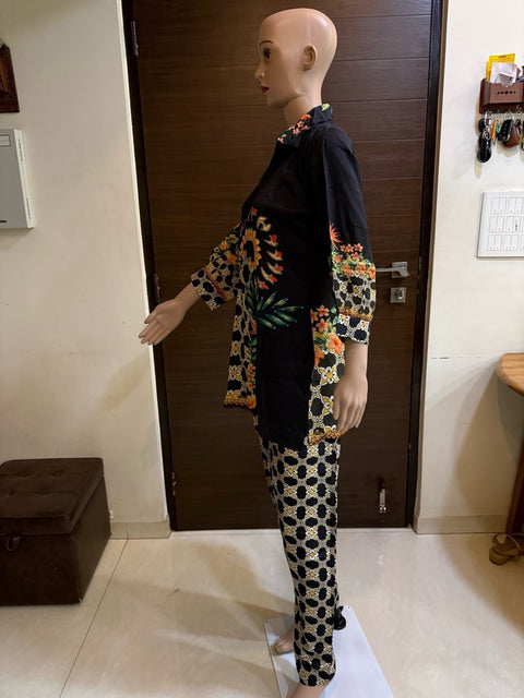 Puja Black Floral Print Shirt &  Pant Coord Set
