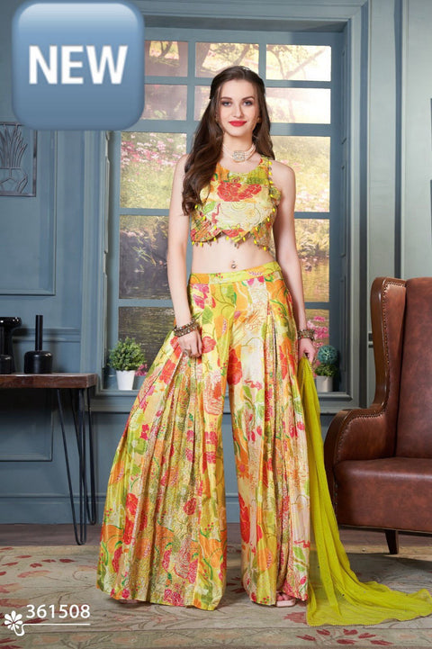 Toral Designer Printed Crop Top with Palazzo Lemon Yellow Multi Flora