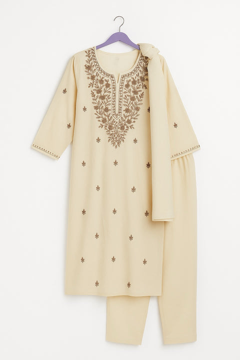 Aesha Cream Embroidered Kurti with Pant & Dupatta Set