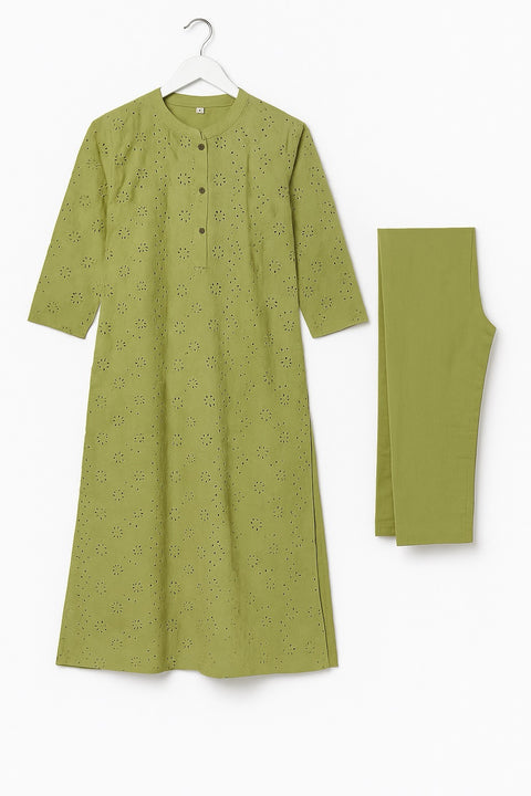 Aesha Cream Embroidered Long Kurti with Pant Set