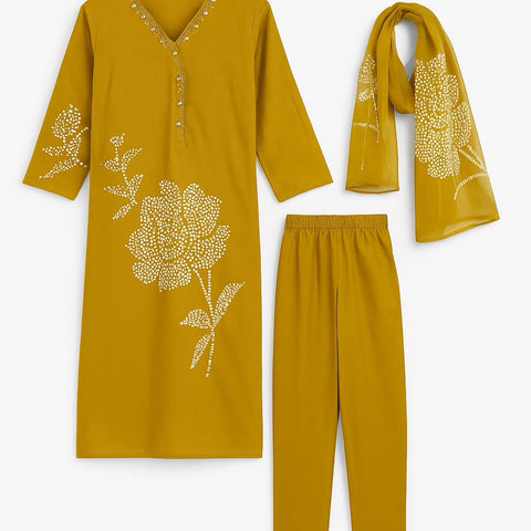 Aesha Mustard Yellow Floral Printed Kurti Set with Dupatta