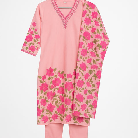 Aesha Pink Floral Printed Kurti with Pant &  Dupatta Set