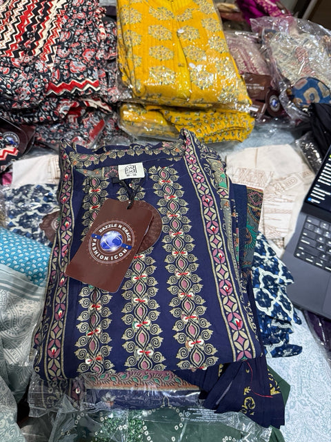 Kasa Navy Blue Floral Stripe Salwar Suit with Pant Set