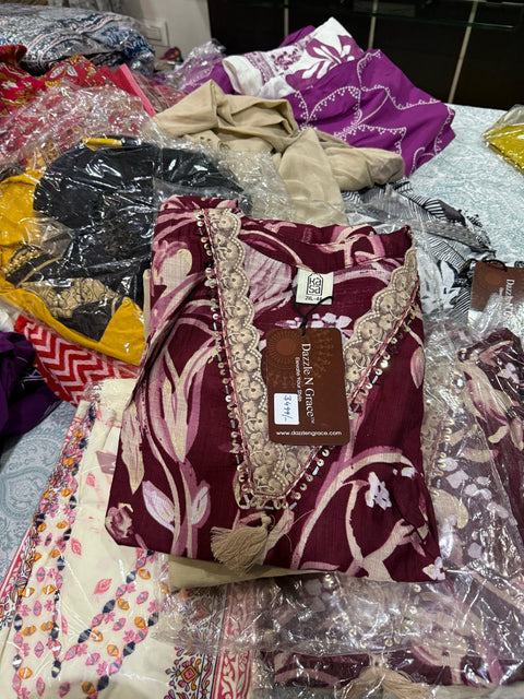 Kasa Wine Floral Print &  Embroidered Salwar Suit with Pant Set