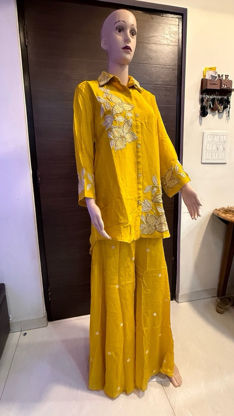 Puja Mustard Yellow Embroidered Shirt &  Sharara Set