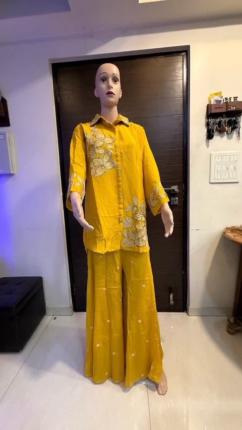 Puja Mustard Yellow Embroidered Shirt &  Sharara Set