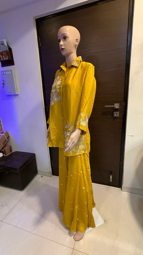 Puja Mustard Yellow Embroidered Shirt &  Sharara Set