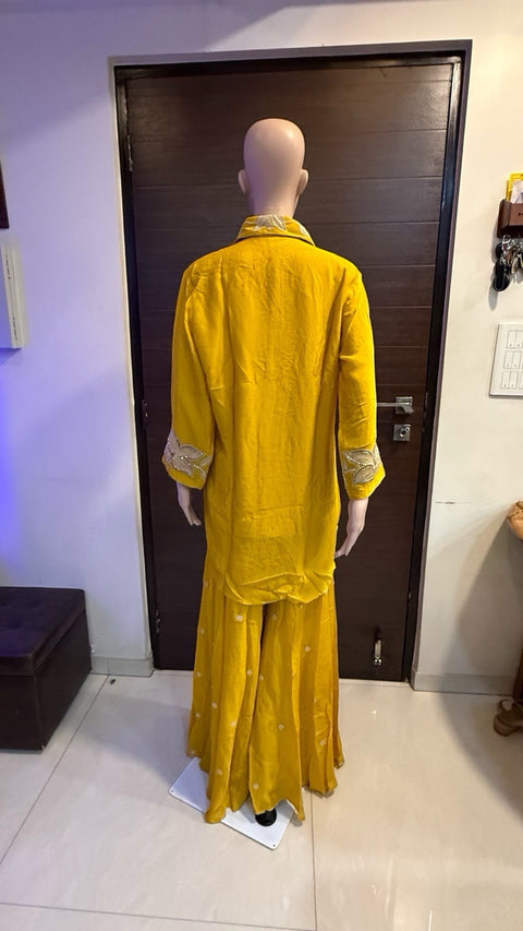 Puja Mustard Yellow Embroidered Shirt &  Sharara Set