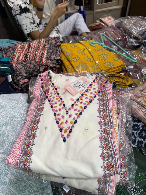 Sholka Embroidered Salwar Suit with Pant Cream & Pink