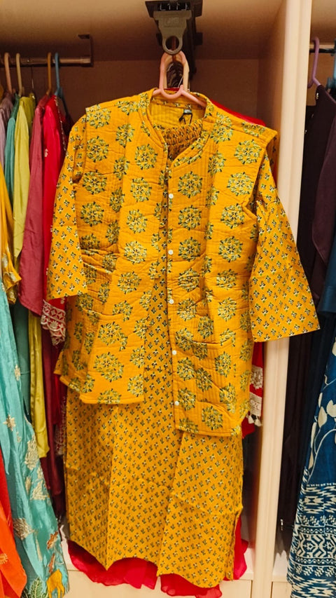 Yellow Cotton Printed Kurta with Quilted Jacket set