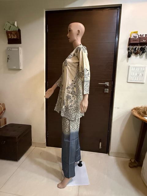 Puja Beige & Grey Printed Kurta Palazzo Set
