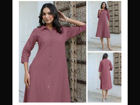 Jenesiya Mauve Solid A-Line Shirt Dress with 3/4 Sleeves