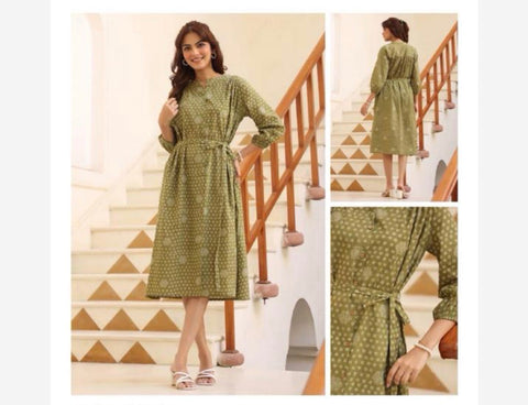 Jenesiya Olive Green Printed Midi Dress with Belt
