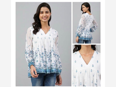 Jenesiya White and Blue Printed Peasant Top with V-Neck