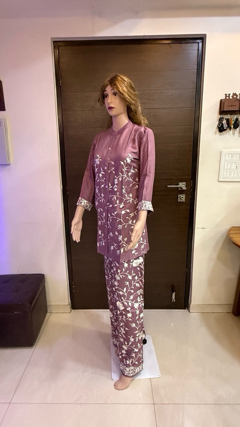 Puja Mauve Pink Ethnic Floral Embroidered Coord Set